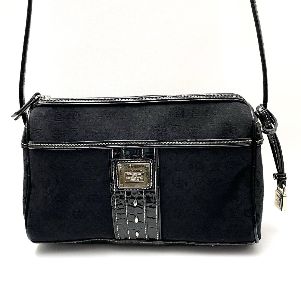 Liz Claiborne Vintage Y2K Crossbody Bag with Monogram Brass-Plates Black